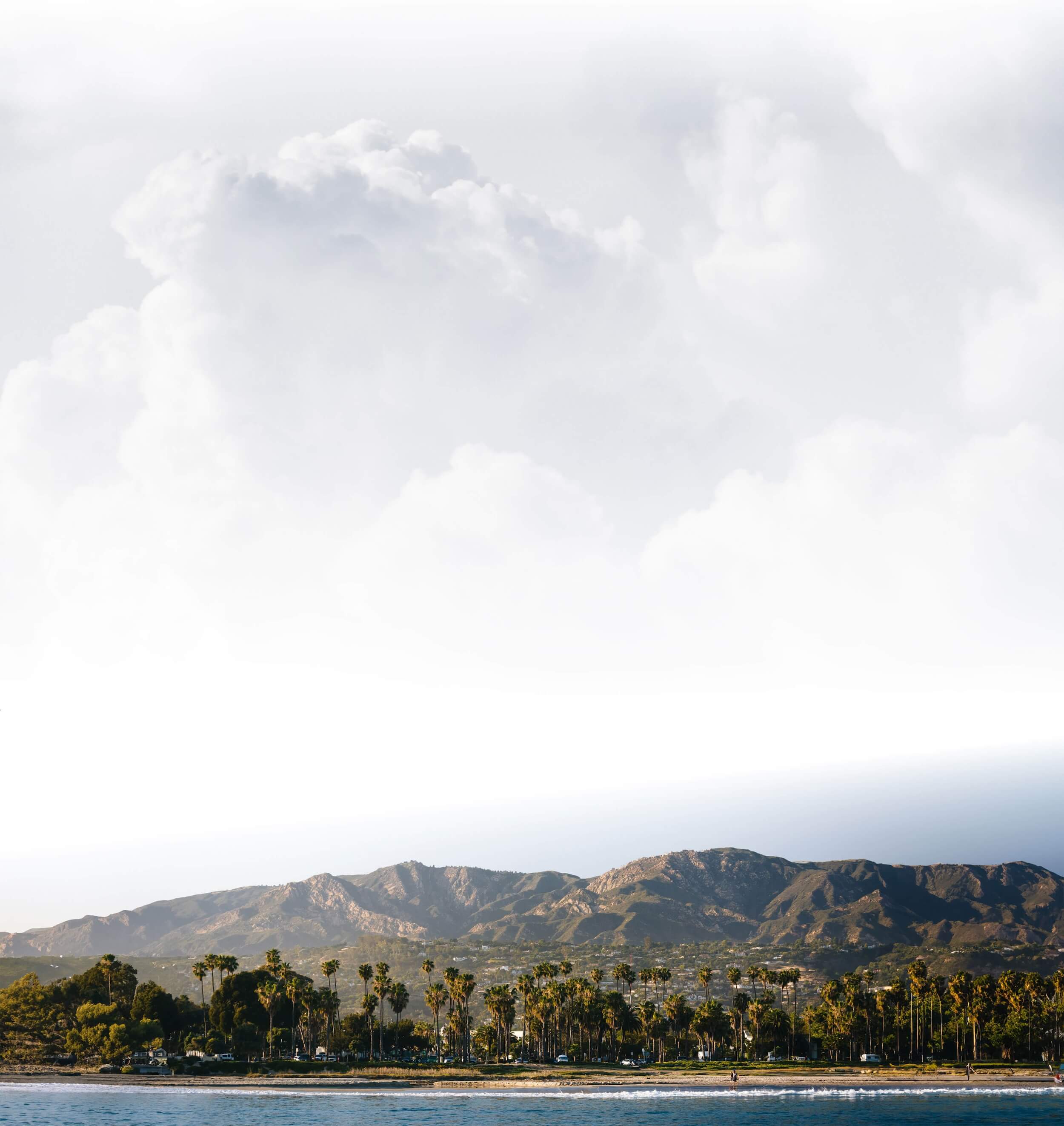 An image of a beach with palms trees with mountain ranges at the back